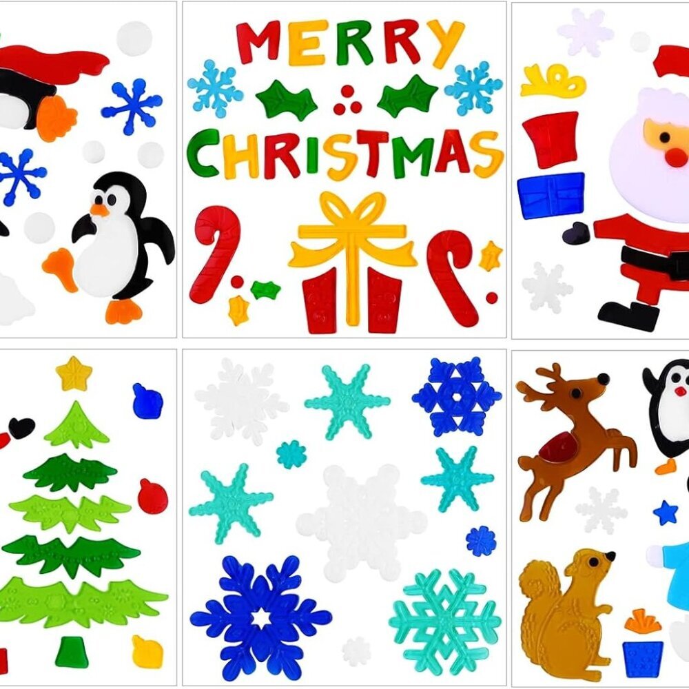 6pcs Christmas Gel Window Clings - Xmas Santa Claus Snowman Snowflake Penguin Ch